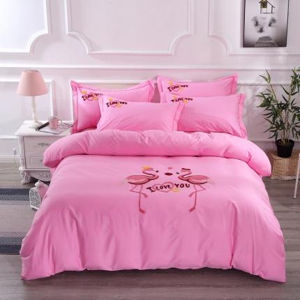 91家纺网 家纺一手货源 找家纺 2022晶缦全棉13372纯色毛巾绣绣花四件套 幸福烈鸟粉