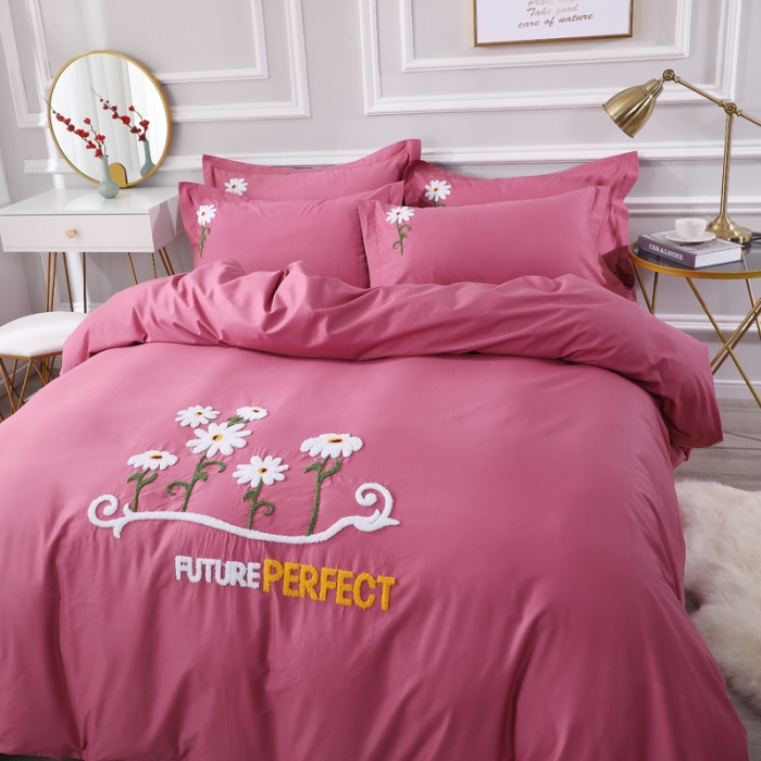 91家纺网 家纺一手货源 找家纺 2022晶缦全棉13372纯色毛巾绣绣花四件套 夏花绽放豆沙