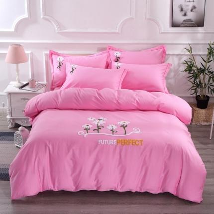 2022晶缦全棉13372纯色毛巾绣绣花四件套 夏花绽放粉色