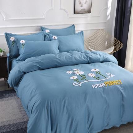 2022晶缦全棉13372纯色毛巾绣绣花四件套 夏花绽放湖蓝