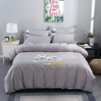 2022晶缦全棉13372纯色毛巾绣绣花四件套 夏花绽放灰色