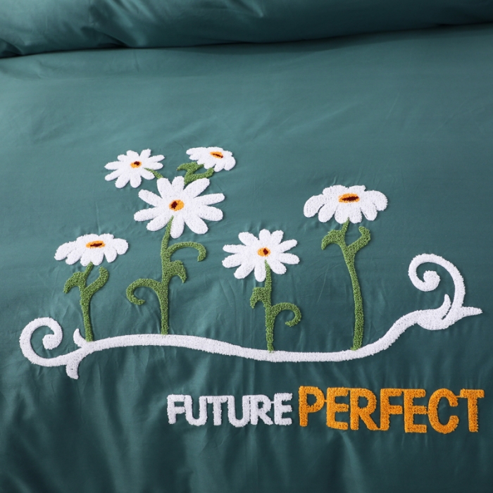 91家纺网 家纺一手货源 找家纺 2022晶缦全棉13372纯色毛巾绣绣花四件套 夏花绽放墨绿