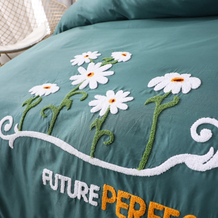 91家纺网 家纺一手货源 找家纺 2022晶缦全棉13372纯色毛巾绣绣花四件套 夏花绽放墨绿