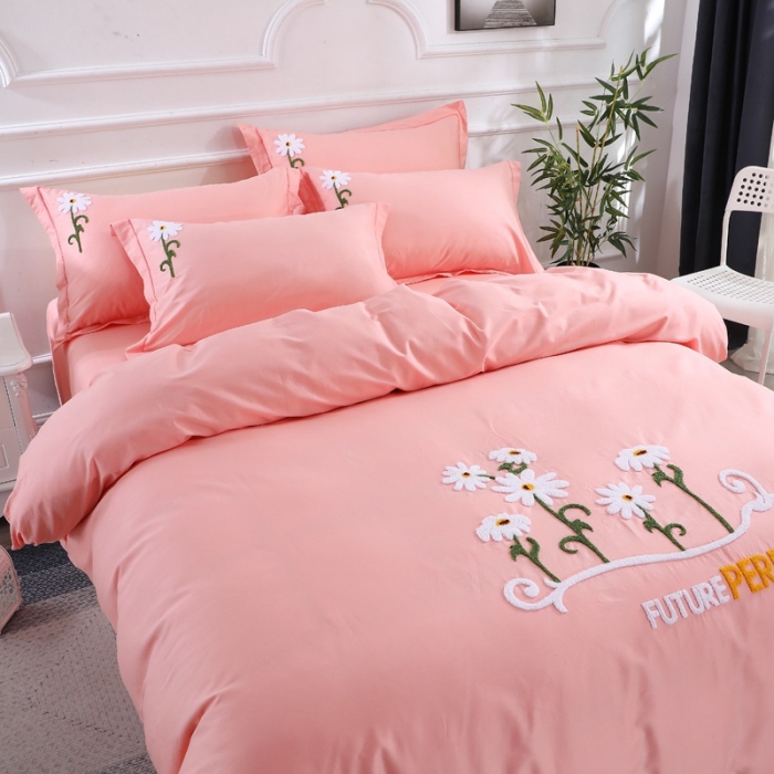 91家纺网 家纺一手货源 找家纺 2022晶缦全棉13372纯色毛巾绣绣花四件套 夏花绽放玉色