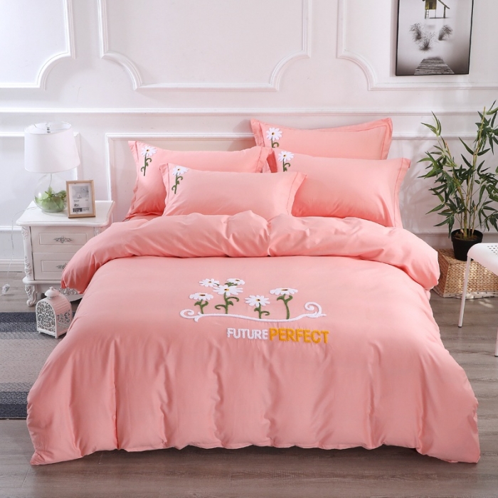 91家纺网 家纺一手货源 找家纺 2022晶缦全棉13372纯色毛巾绣绣花四件套 夏花绽放玉色