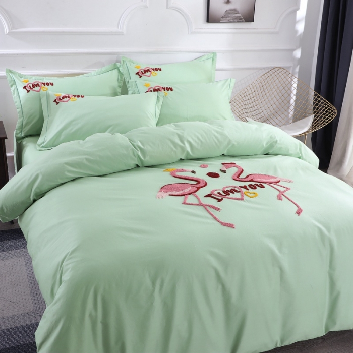 91家纺网 家纺一手货源 找家纺 2022晶缦全棉13372纯色毛巾绣绣花四件套 幸福烈鸟绿色