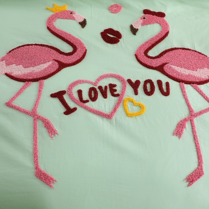 91家纺网 家纺一手货源 找家纺 2022晶缦全棉13372纯色毛巾绣绣花四件套 幸福烈鸟绿色