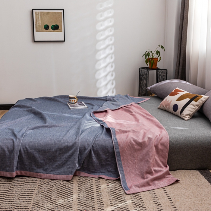 91家纺网 家纺一手货源 找家纺 朴尔 2022年跑量款双层全棉纱布毛巾被 纯真-蓝粉