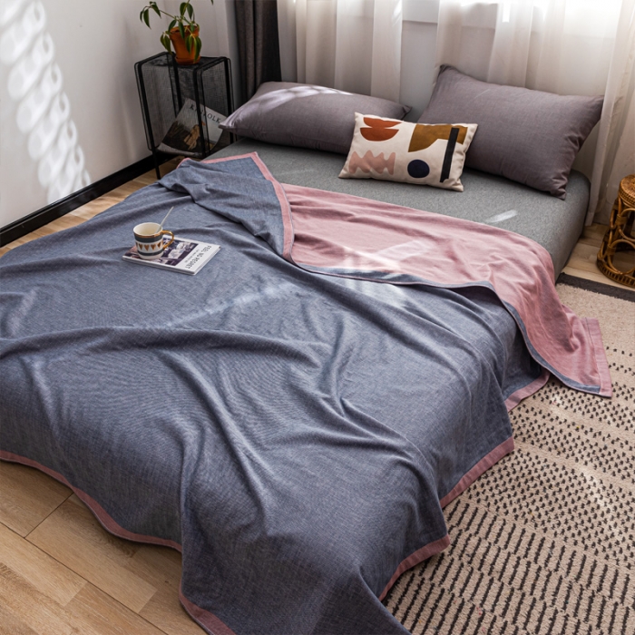 91家纺网 家纺一手货源 找家纺 朴尔 2022年跑量款双层全棉纱布毛巾被 纯真-蓝粉