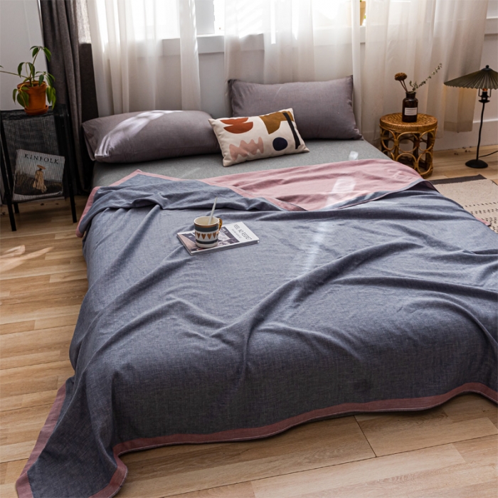 91家纺网 家纺一手货源 找家纺 朴尔 2022年跑量款双层全棉纱布毛巾被 纯真-蓝粉