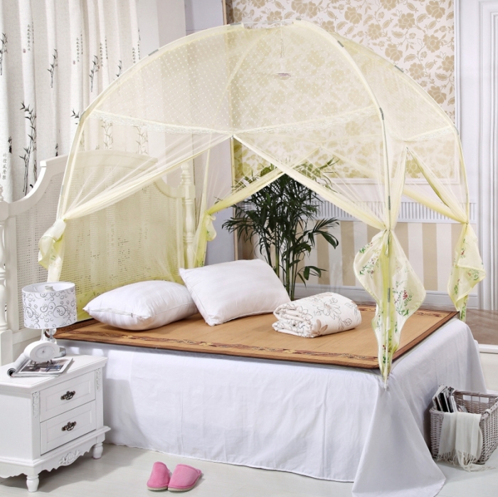 91家纺网 家纺一手货源 找家纺 迷仙巢2022三开门蒙古包蚊帐A13系列爱到永久A13米黄