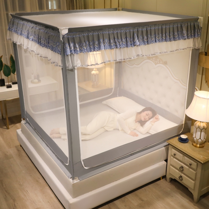 91家纺网 家纺一手货源 找家纺 迷仙巢 2022新款三开门坐床蚊帐-B20相思 相思-高级灰