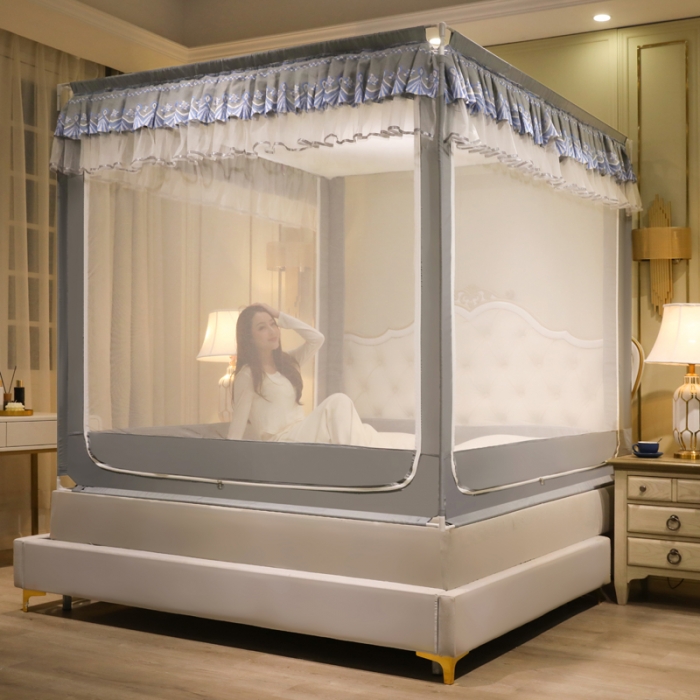 91家纺网 家纺一手货源 找家纺 迷仙巢 2022新款三开门坐床蚊帐-B20相思 相思-高级灰