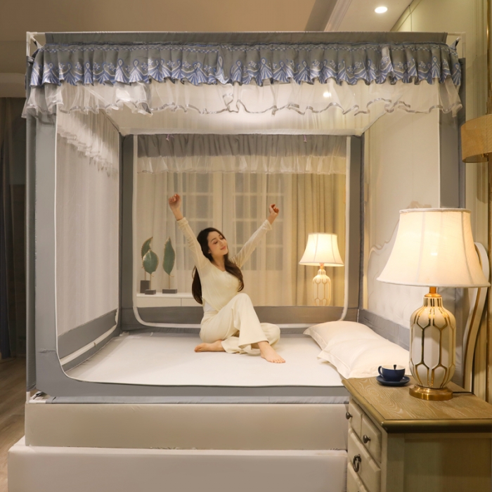 91家纺网 家纺一手货源 找家纺 迷仙巢 2022新款三开门坐床蚊帐-B20相思 相思-高级灰