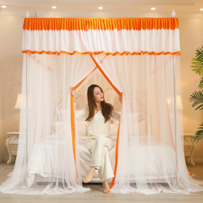 91家纺网 家纺一手货源 找家纺 迷仙巢2022新款三开门落地式防尘顶蚊帐A20清欢 欢-橘黄