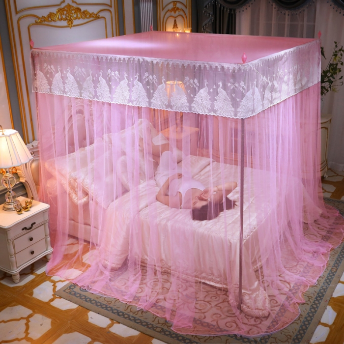 91家纺网 家纺一手货源 找家纺 迷仙巢家纺 新款宫廷三开门落地蚊帐-C70风华绝代孔雀粉