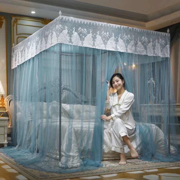 91家纺网 家纺一手货源 找家纺 迷仙巢家纺 新款宫廷三开门落地蚊帐-C70风华绝代孔雀蓝
