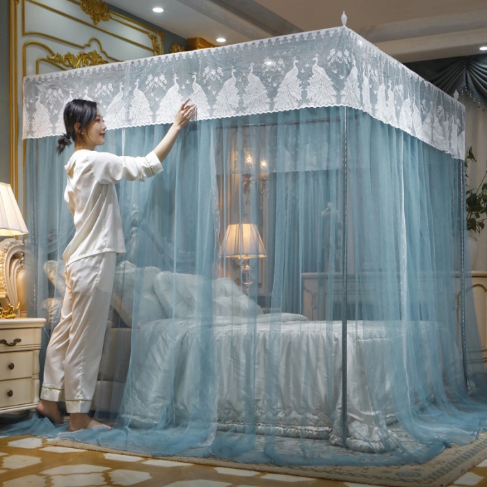 91家纺网 家纺一手货源 找家纺 迷仙巢家纺 新款宫廷三开门落地蚊帐-C70风华绝代孔雀蓝