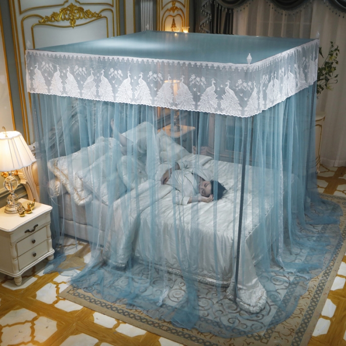 91家纺网 家纺一手货源 找家纺 迷仙巢家纺 新款宫廷三开门落地蚊帐-C70风华绝代孔雀蓝