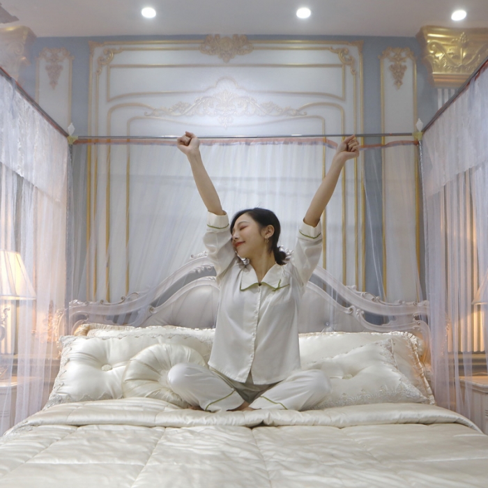 91家纺网 家纺一手货源 找家纺 迷仙巢家纺 新款宫廷三开门落地蚊帐-C70风华绝代孔雀灰