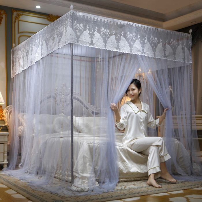 91家纺网 家纺一手货源 找家纺 迷仙巢家纺 新款宫廷三开门落地蚊帐-C70风华绝代孔雀灰