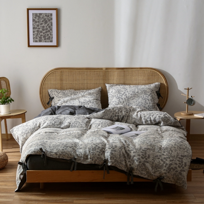 91家纺网 家纺一手货源 找家纺 总安莱 2022高端双层纱栀子花色织大提花蝴蝶结工艺款四件套