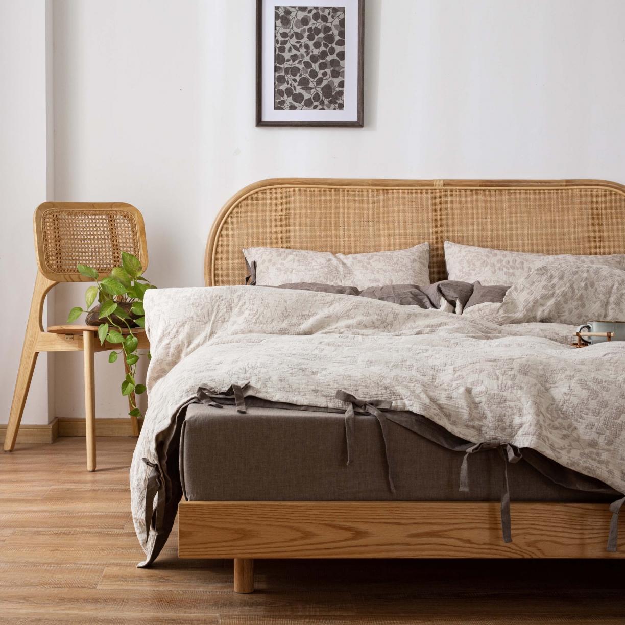 91家纺网 家纺一手货源 找家纺 安莱 2022高端双层纱栀子花色织大提花蝴蝶结工艺款四件套 栀子花浅灰