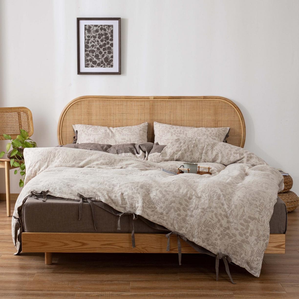 91家纺网 家纺一手货源 找家纺 安莱 2022高端双层纱栀子花色织大提花蝴蝶结工艺款四件套 栀子花浅灰