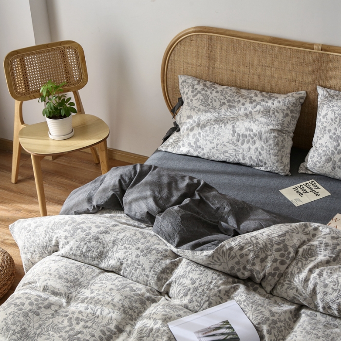 91家纺网 家纺一手货源 找家纺 安莱 2022高端双层纱栀子花色织大提花蝴蝶结工艺款四件套 栀子花深灰