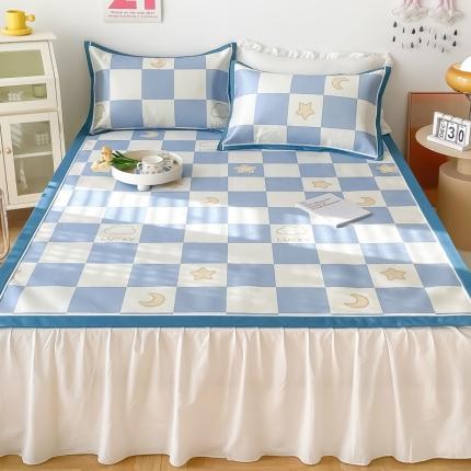 91家纺网 家纺一手货源 找家纺 懒猫 2022新款600D数码印花冰丝席 蓝棋盘格