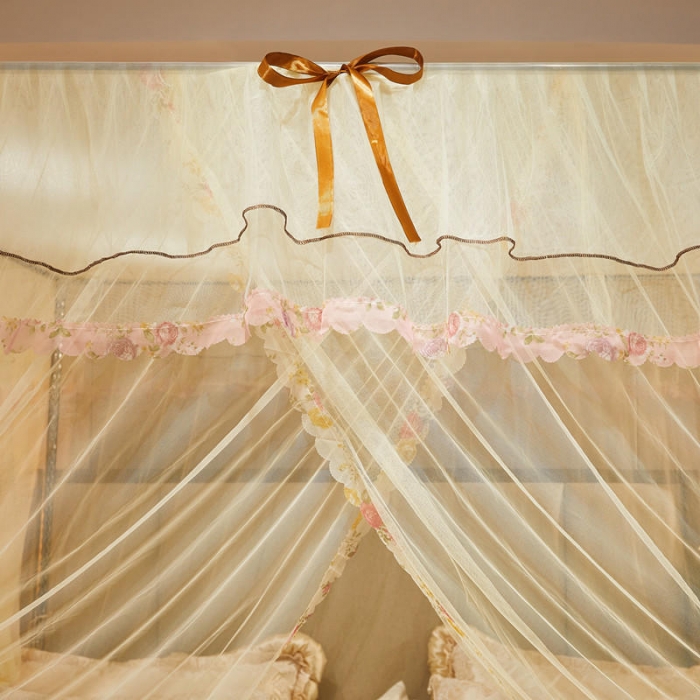 91家纺网 家纺一手货源 找家纺 初心 2025新款落地宫廷蚊帐-粉黛佳人米黄