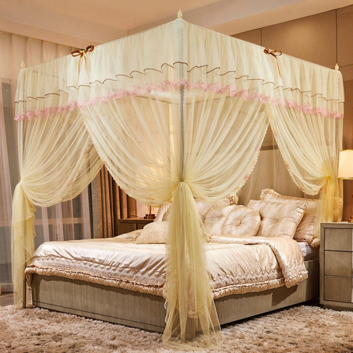 91家纺网 家纺一手货源 找家纺 初心 2025新款落地宫廷蚊帐-粉黛佳人米黄