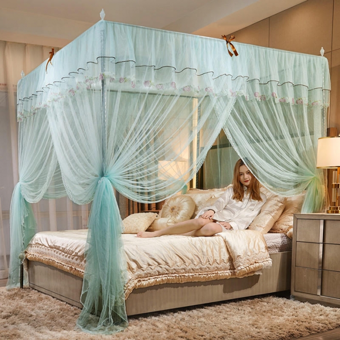 91家纺网 家纺一手货源 找家纺 初心 2025新款落地宫廷蚊帐-粉黛佳人水蓝