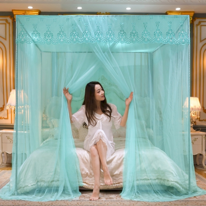 91家纺网 家纺一手货源 找家纺 初心 2025新款三开门防尘顶蚊帐-幸福鹿水绿色