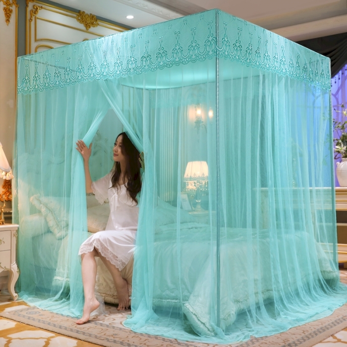 91家纺网 家纺一手货源 找家纺 初心 2025新款三开门防尘顶蚊帐-幸福鹿水绿色