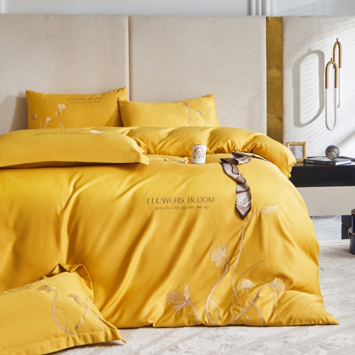 91家纺网 家纺一手货源 找家纺 凡客 2022新款水洗真丝绣花花影系列 花影-姜黄色