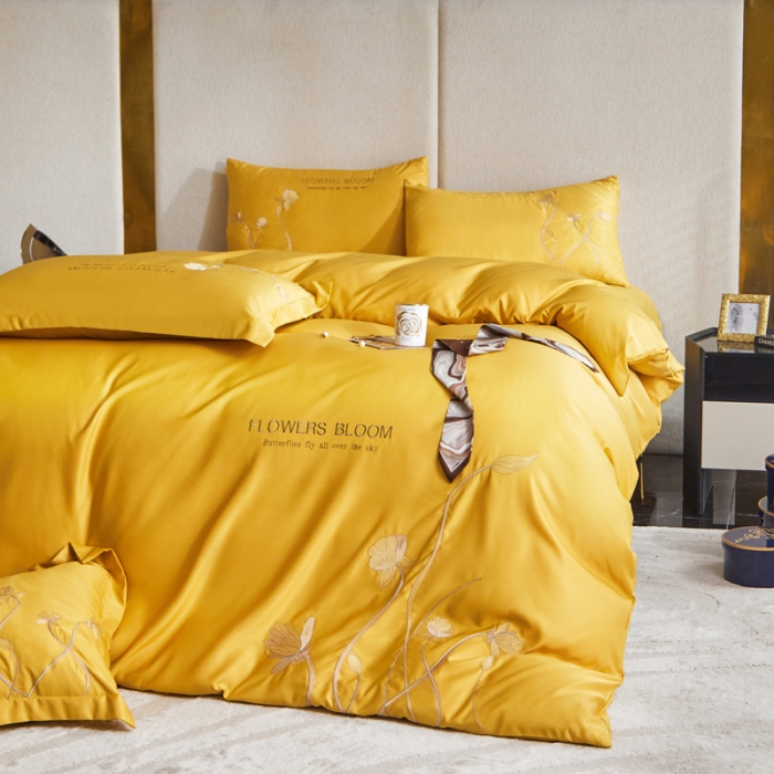 91家纺网 家纺一手货源 找家纺 凡客 2022新款水洗真丝绣花花影系列 花影-姜黄色