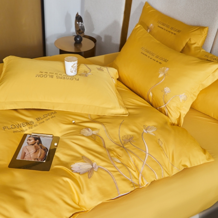 91家纺网 家纺一手货源 找家纺 凡客 2022新款水洗真丝绣花花影系列 花影-姜黄色