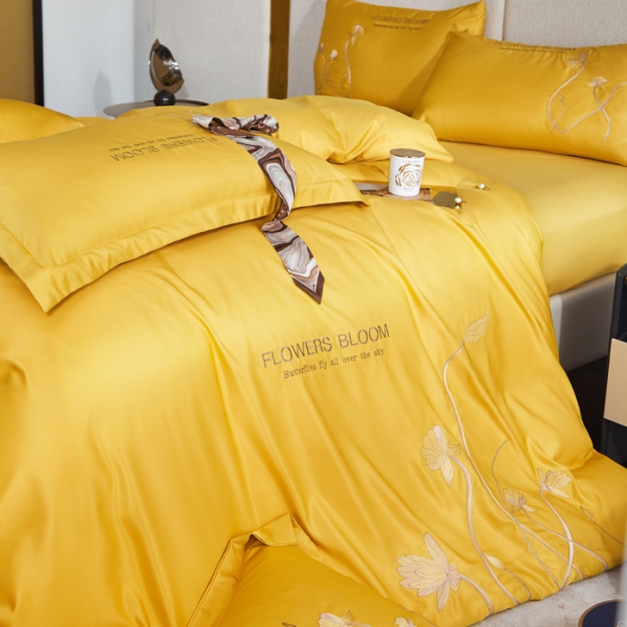 91家纺网 家纺一手货源 找家纺 凡客 2022新款水洗真丝绣花花影系列 花影-姜黄色