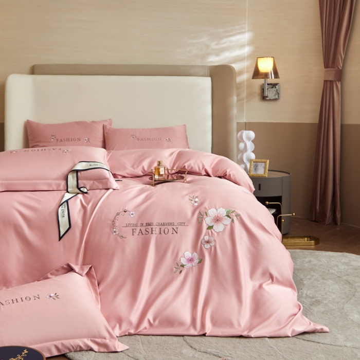 91家纺网 家纺一手货源 找家纺 凡客 2022新款水洗真丝绣花陌上花开系列 陌上花开-藕粉色