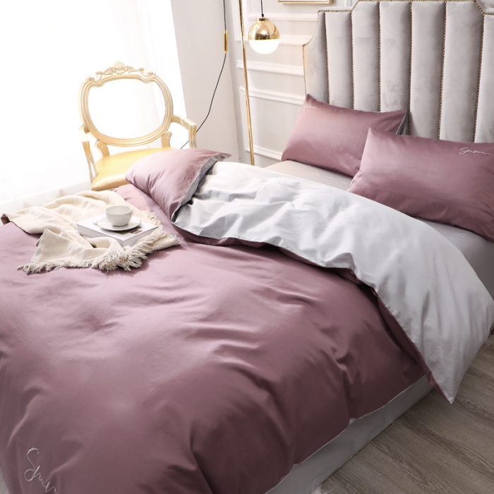 91家纺网 家纺一手货源 找家纺 总-2024新款全棉纯色拼色60S贡缎长绒棉绣花四件套60支