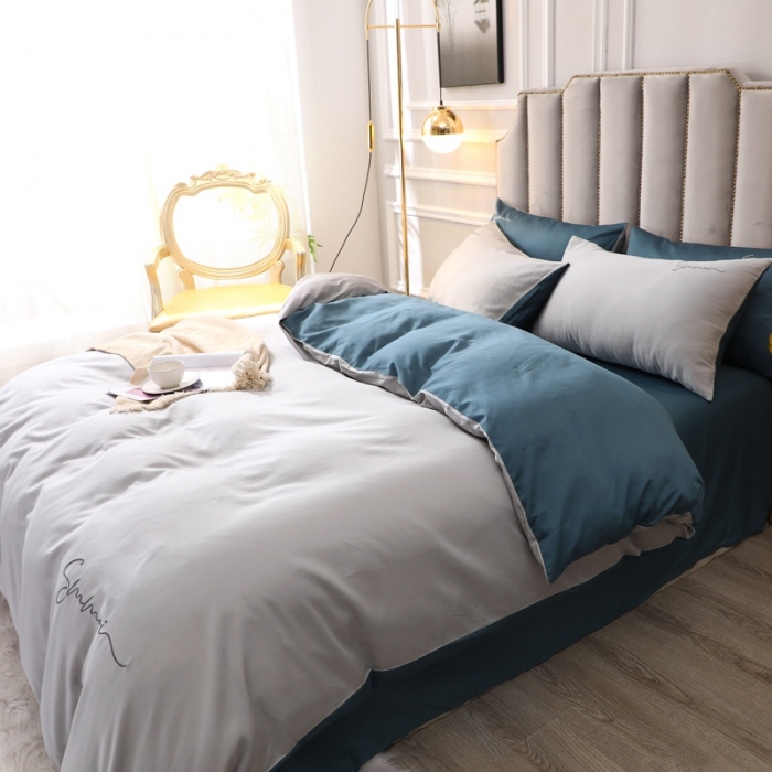 91家纺网 家纺一手货源 找家纺 晶缦 2022新款全棉纯色60S贡缎长绒棉绣花四件套 洛拉-奥丁灰