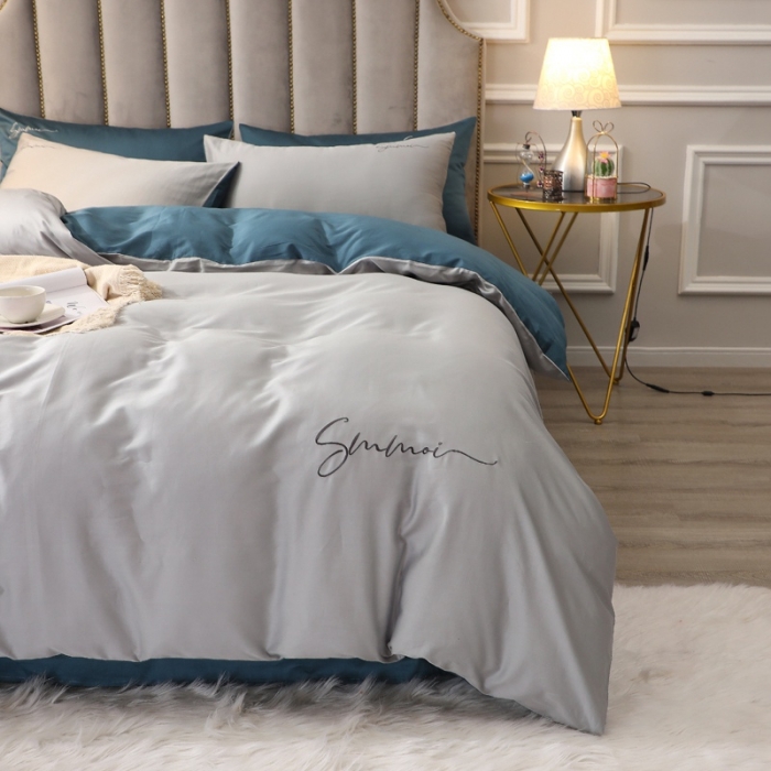 91家纺网 家纺一手货源 找家纺 晶缦 2022新款全棉纯色60S贡缎长绒棉绣花四件套 洛拉-奥丁灰