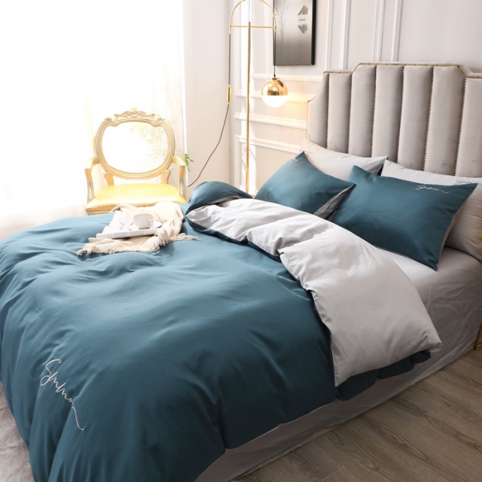 91家纺网 家纺一手货源 找家纺 晶缦 2022新款全棉纯色60S贡缎长绒棉绣花四件套 洛拉-宝石蓝