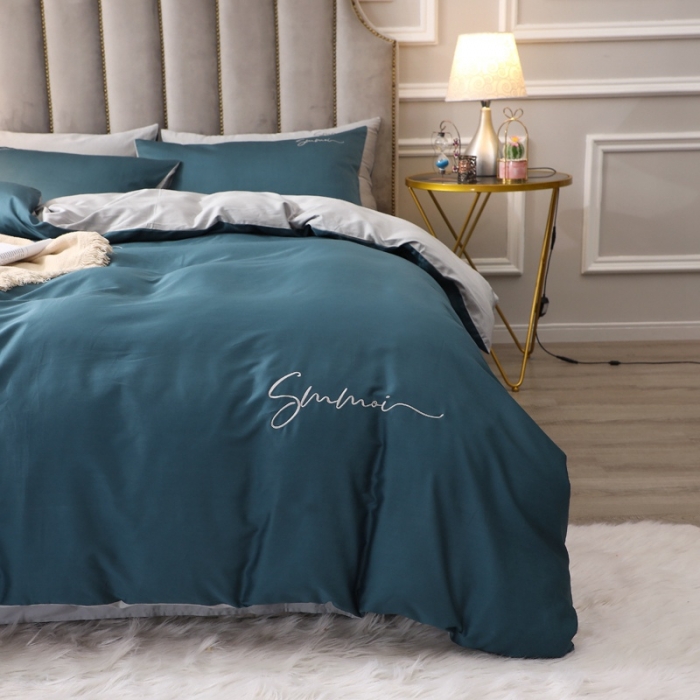 91家纺网 家纺一手货源 找家纺 晶缦 2022新款全棉纯色60S贡缎长绒棉绣花四件套 洛拉-宝石蓝