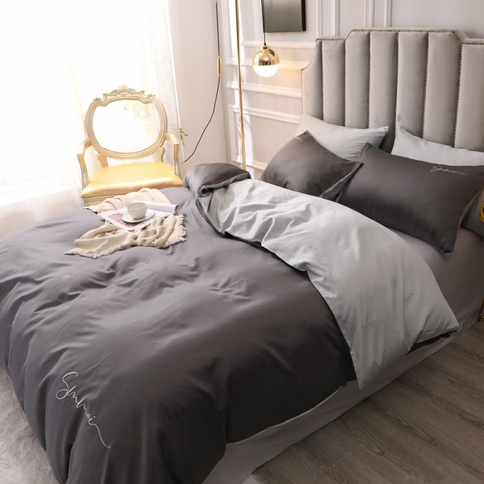 91家纺网 家纺一手货源 找家纺 晶缦 2022新款全棉纯色60S贡缎长绒棉绣花四件套 洛拉-黑灰