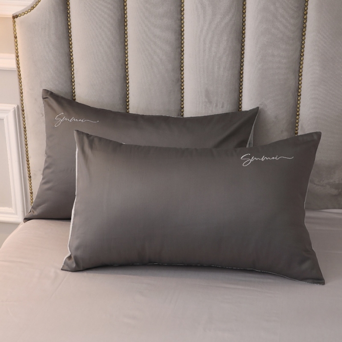 91家纺网 家纺一手货源 找家纺 晶缦 2022新款全棉纯色60S贡缎长绒棉绣花四件套 洛拉-黑灰