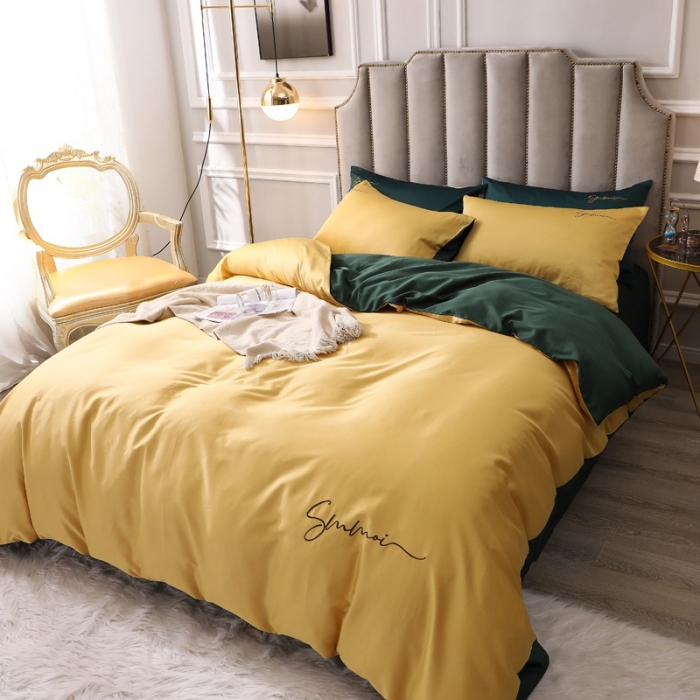 91家纺网 家纺一手货源 找家纺 晶缦 2022新款全棉纯色60S贡缎长绒棉绣花四件套 洛拉-黄色