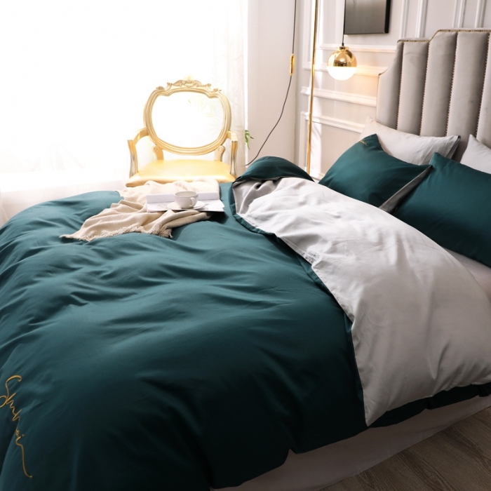 91家纺网 家纺一手货源 找家纺 晶缦 2022新款全棉纯色60S贡缎长绒棉绣花四件套 洛拉-猫眼绿