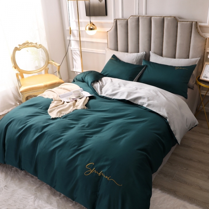 91家纺网 家纺一手货源 找家纺 晶缦 2022新款全棉纯色60S贡缎长绒棉绣花四件套 洛拉-猫眼绿